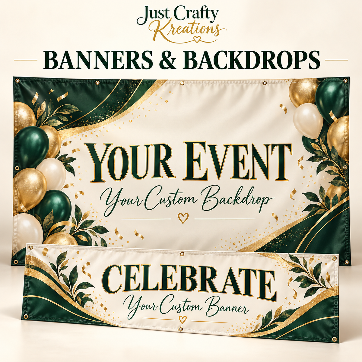 Sample custom vinyl banner and event backdrop in hunter green, gold, and ivory.