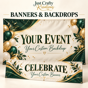 Sample custom vinyl banner and event backdrop in hunter green, gold, and ivory.