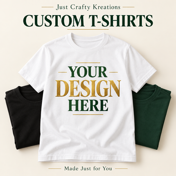 Just Crafty Kreations custom T-shirts with Your Design Here on a white shirt, in hunter green and gold.