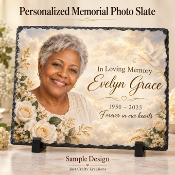 Sample memorial photo slate with a fictional portrait, ivory roses, and personalized remembrance wording.